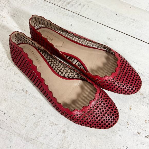 Chloe Lauren Perforated Leather Slip On Ballet Flats Red Womens Size 38.5 / 8 .5 - Picture 3 of 10